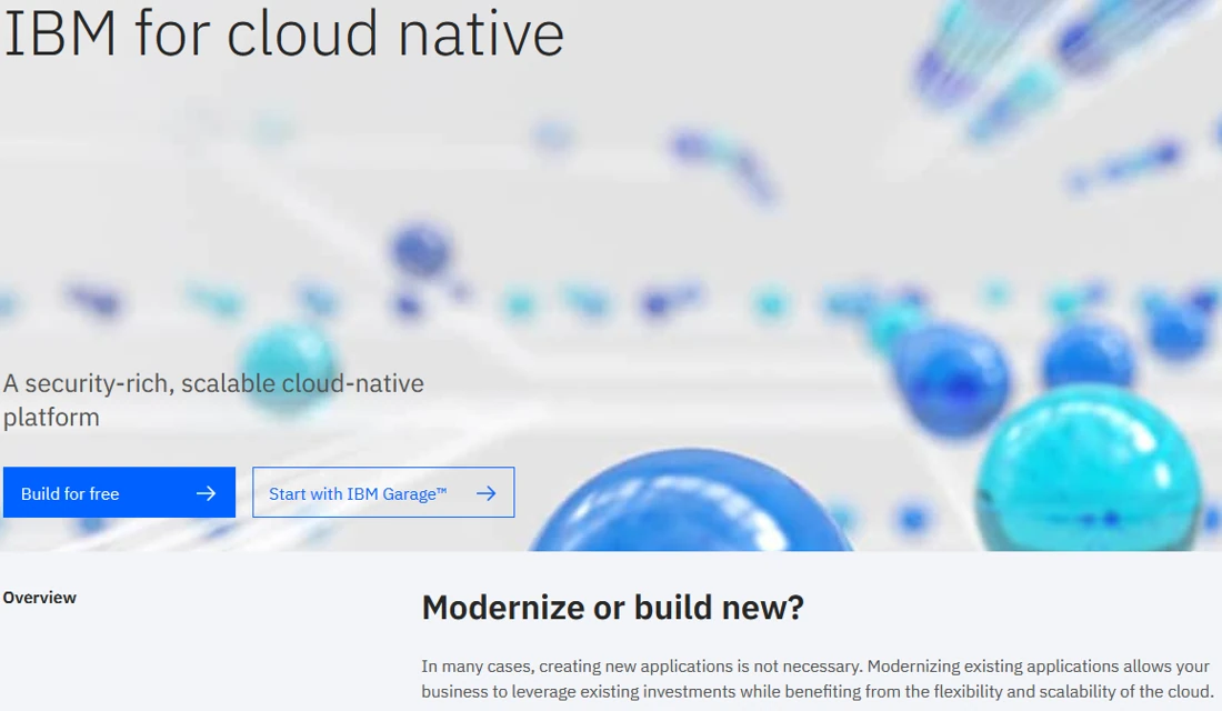 Archived IBM for cloud native webpage with the headline Modernize or build new?